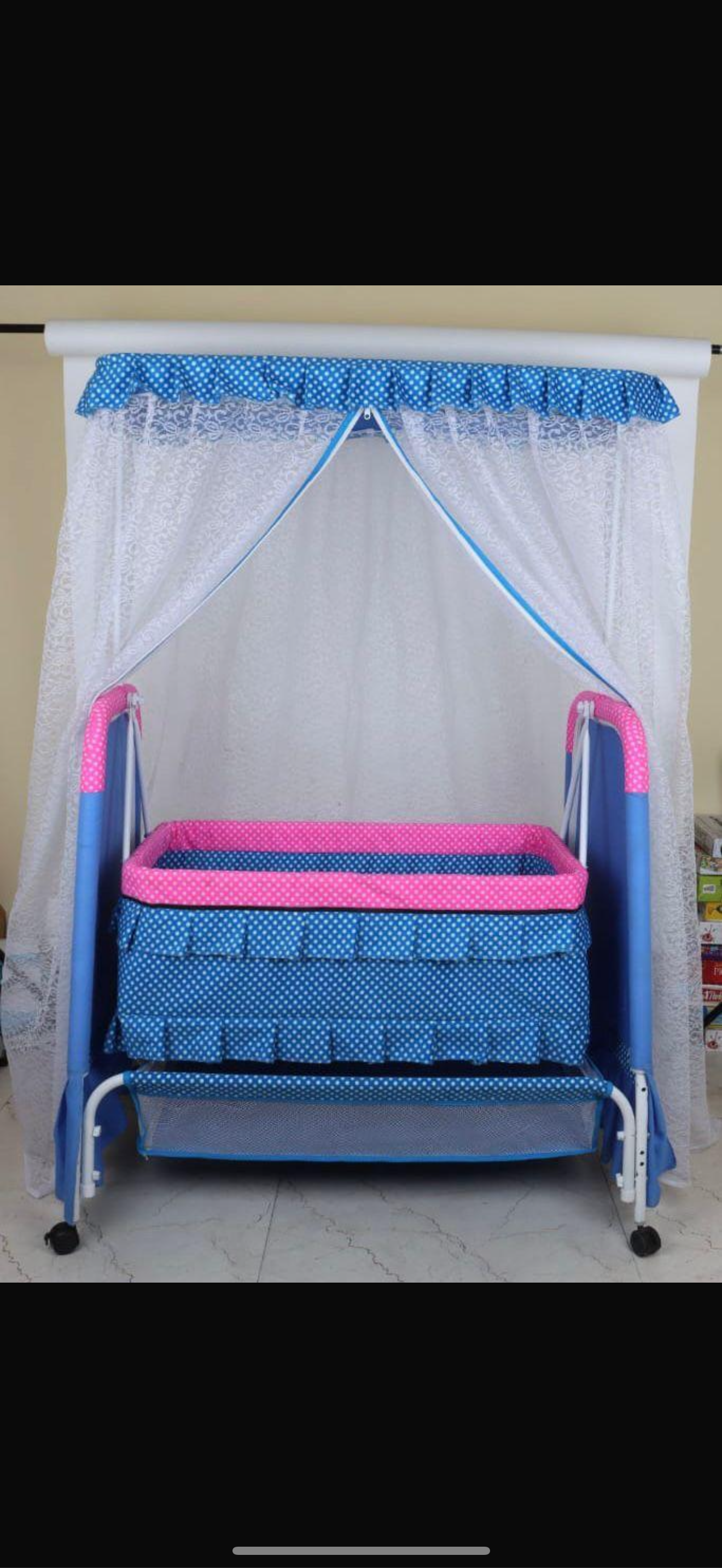 Baby Cradle with Mosquito Net – Blue & Pink Polka Design