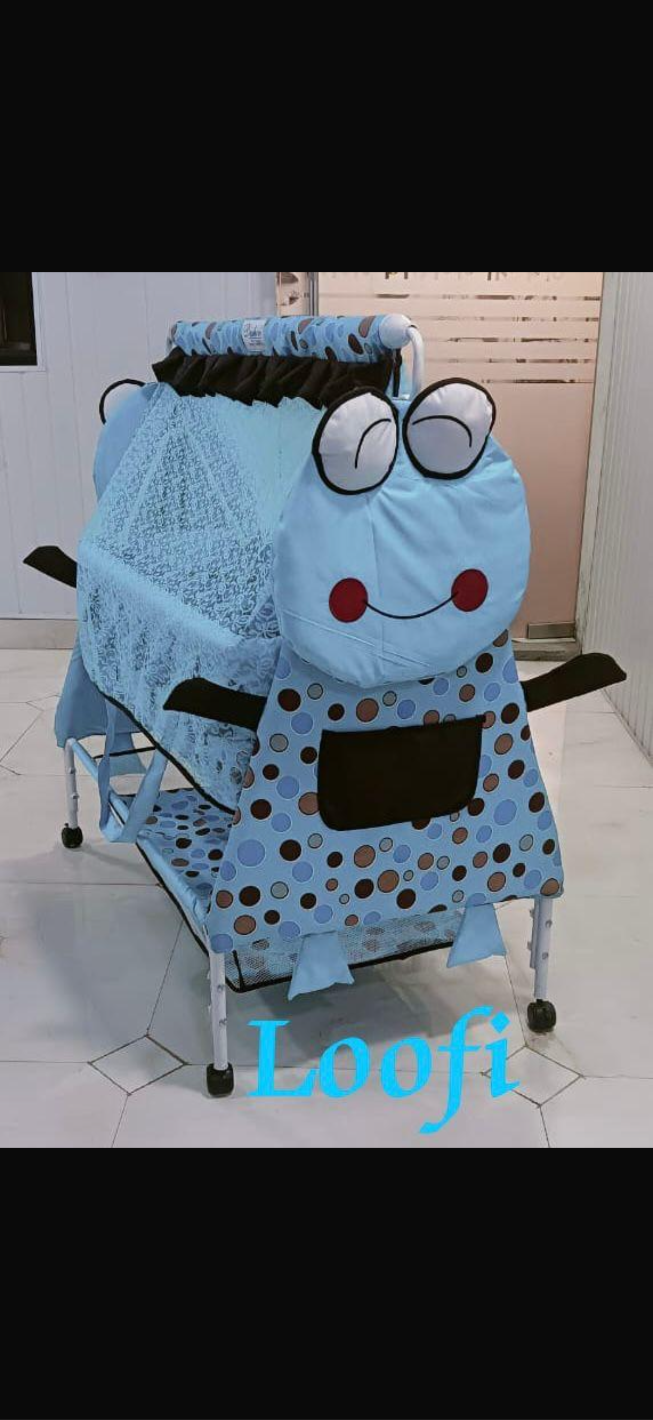 Baby Cradle with Mosquito Net – Cartoon Face Blue Design