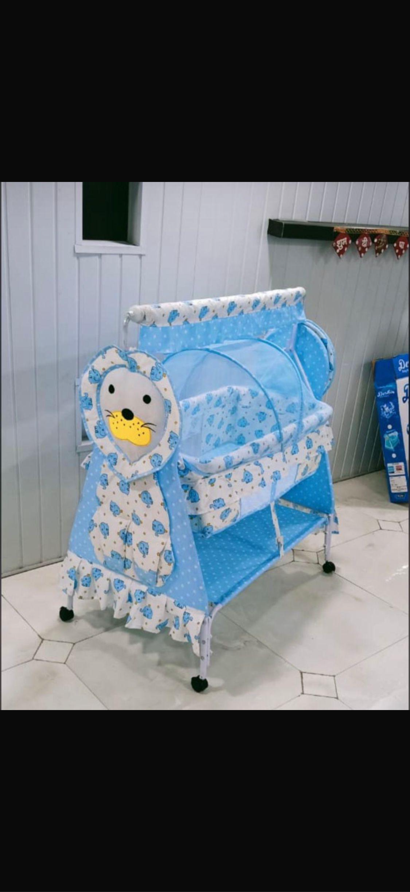 Baby Cradle with Mosquito Net – Blue Animal Print Design