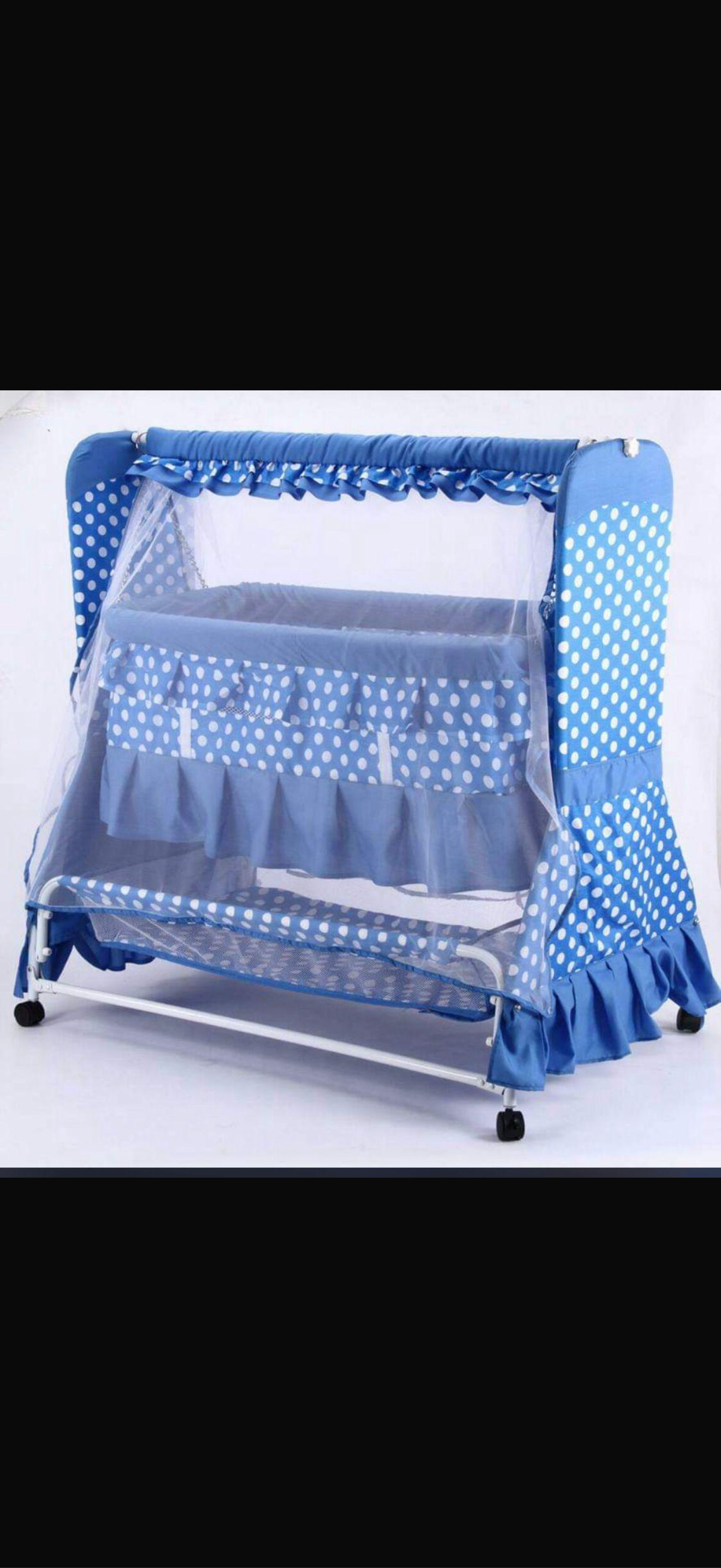 Baby Cradle with Mosquito Net – Classic Blue Polka Design