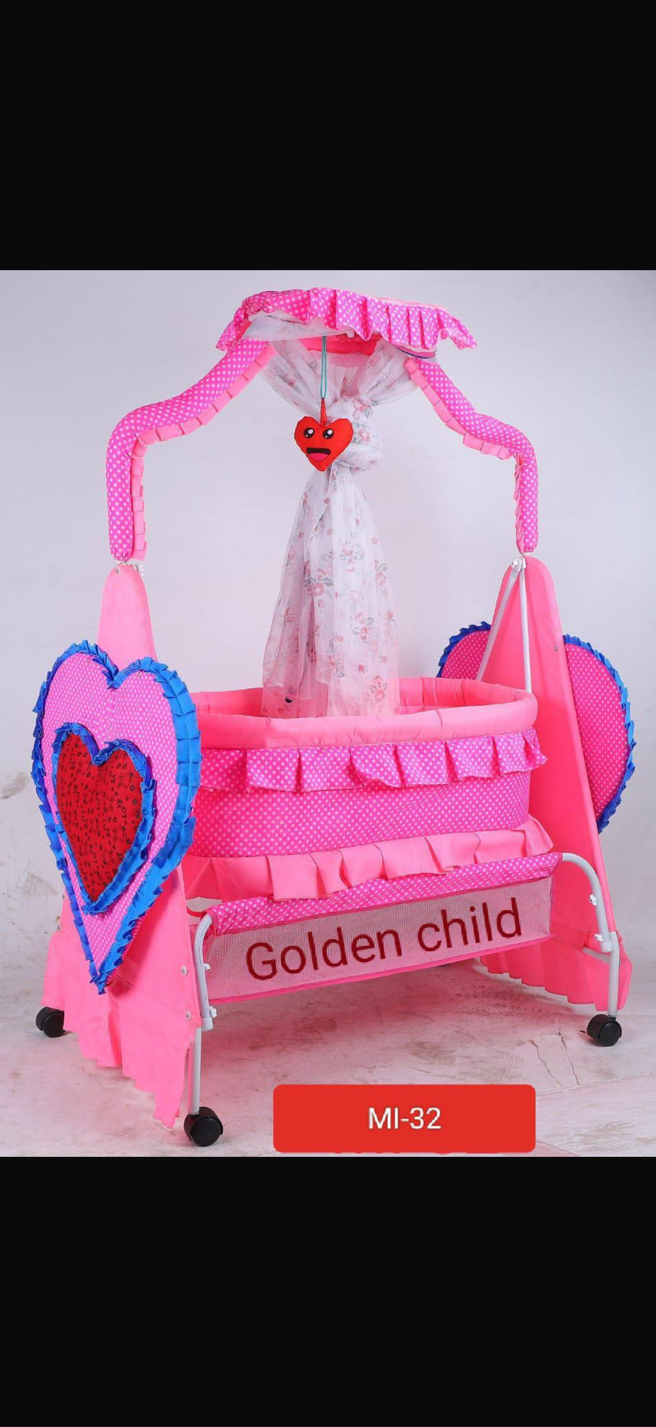 Baby Cradle with Mosquito Net – Pink Heart Design